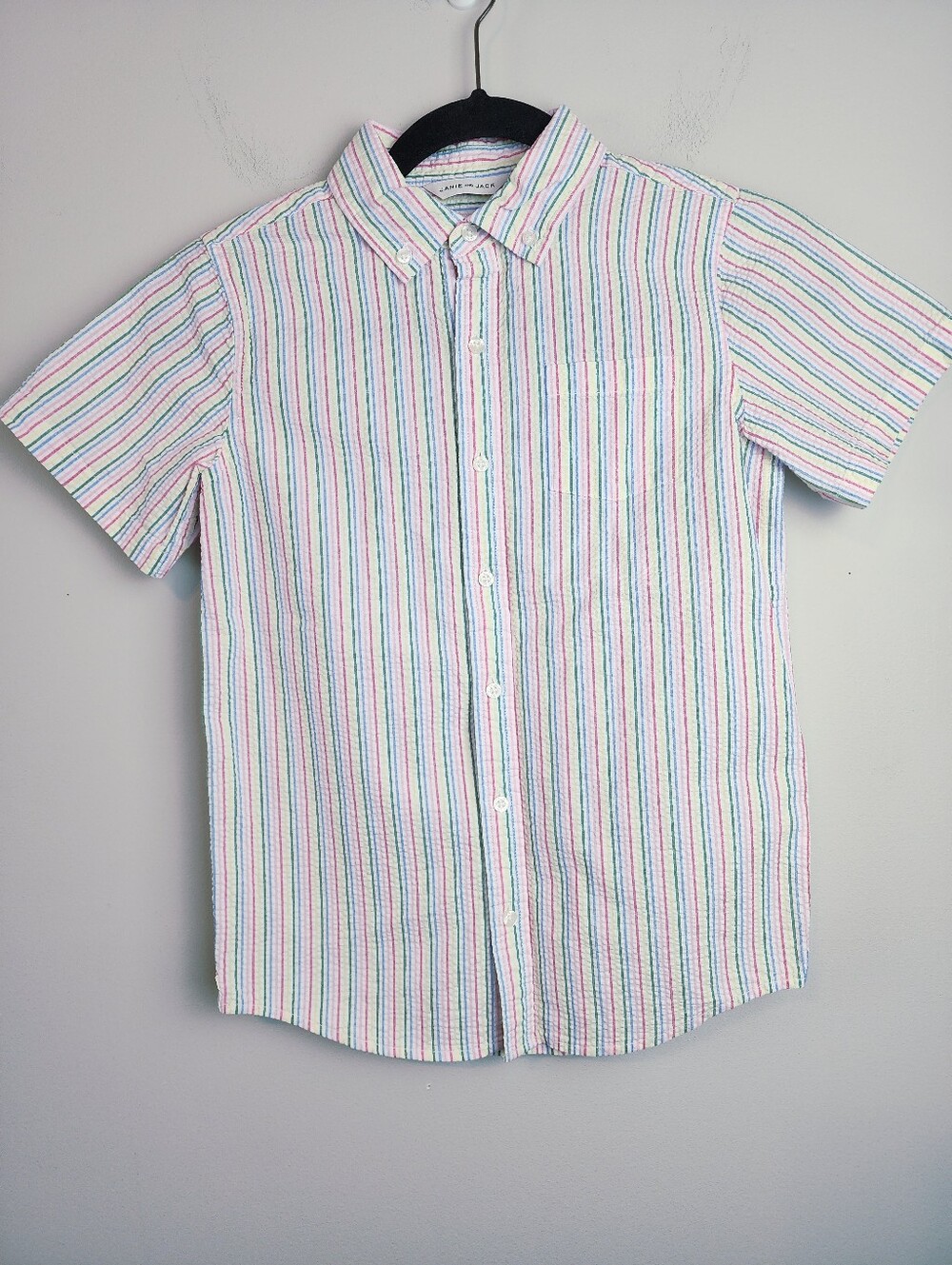 Janie and Jack boy 10 short sleeve cotton shirt button up rainbow stripe pocket